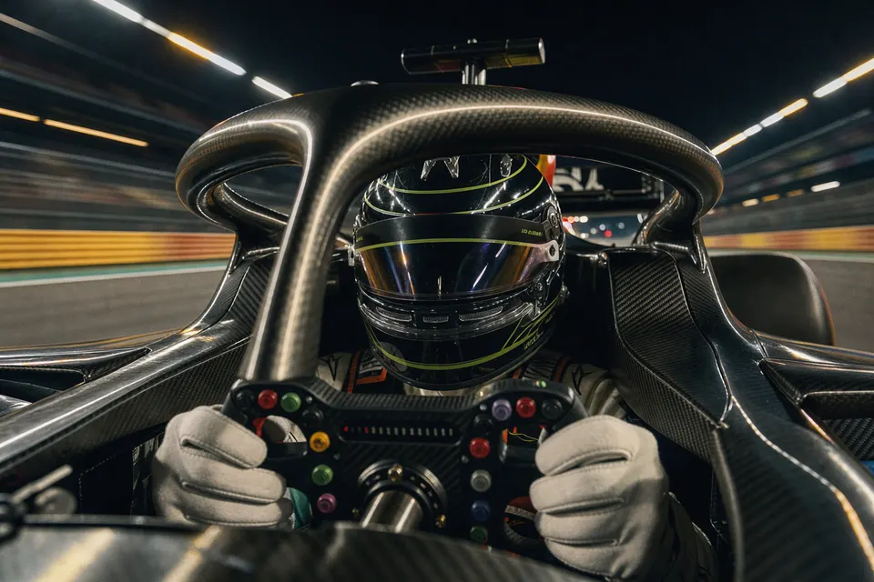 Piloto de Fórmula 1 no cockpit, com o halo sobre o capacete e rastros de luz ao fundo