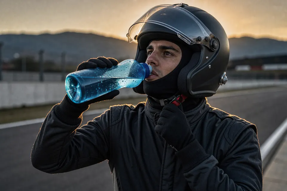 Piloto bebendo de uma garrafa azul ao lado da pista