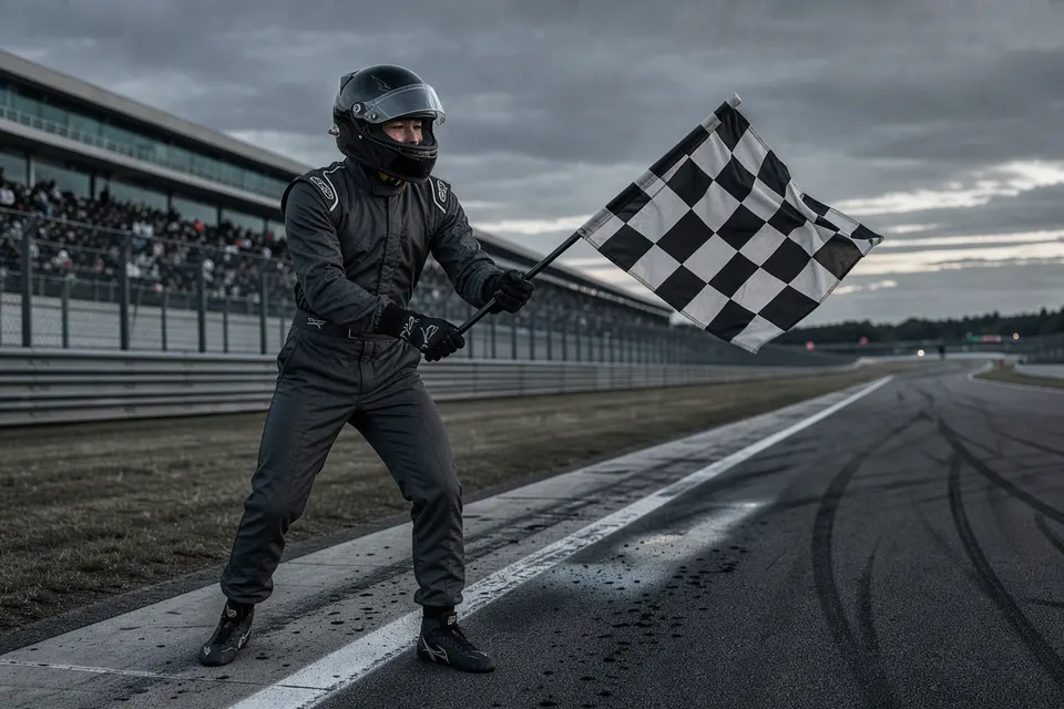 Piloto segurando a bandeira quadriculada à beira da pista
